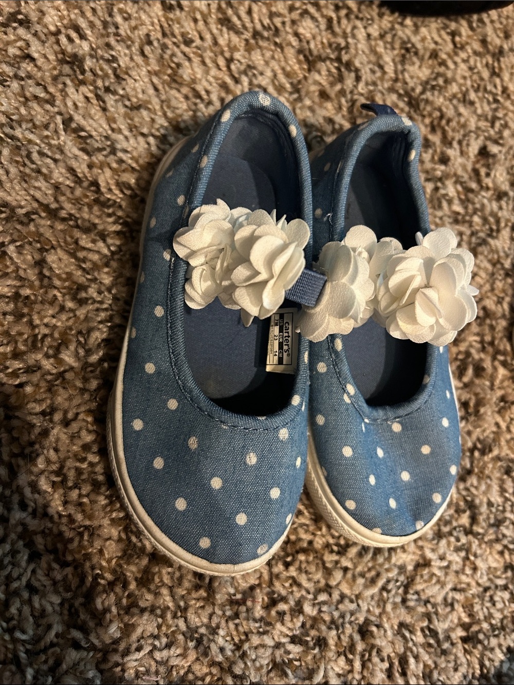 Carter's Blue Polka Dot Mary Jane Shoes with White Flower Accents